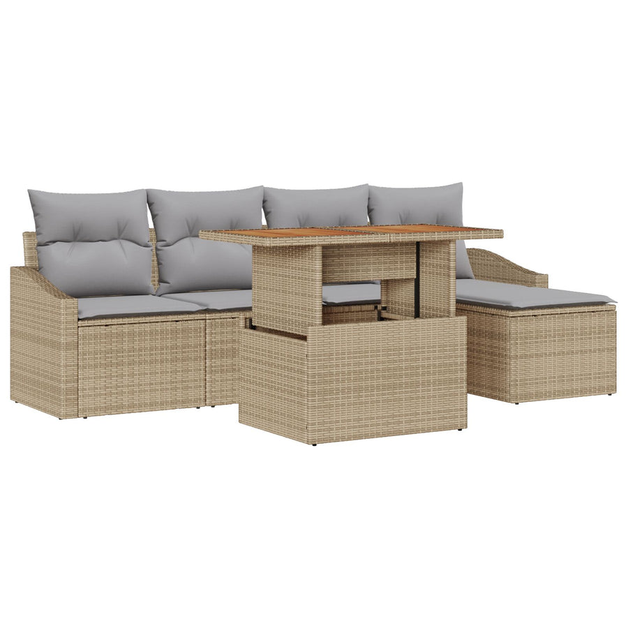 6-Delige Tuin Eettafel Set Met Kussens Beige Poly Rattan Acacia