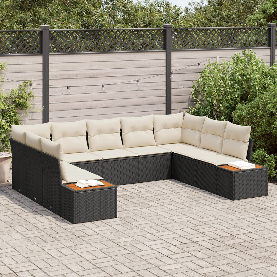 9-Delige Tuinbankset Met Kussens Zwart Poly Rattan Acacia