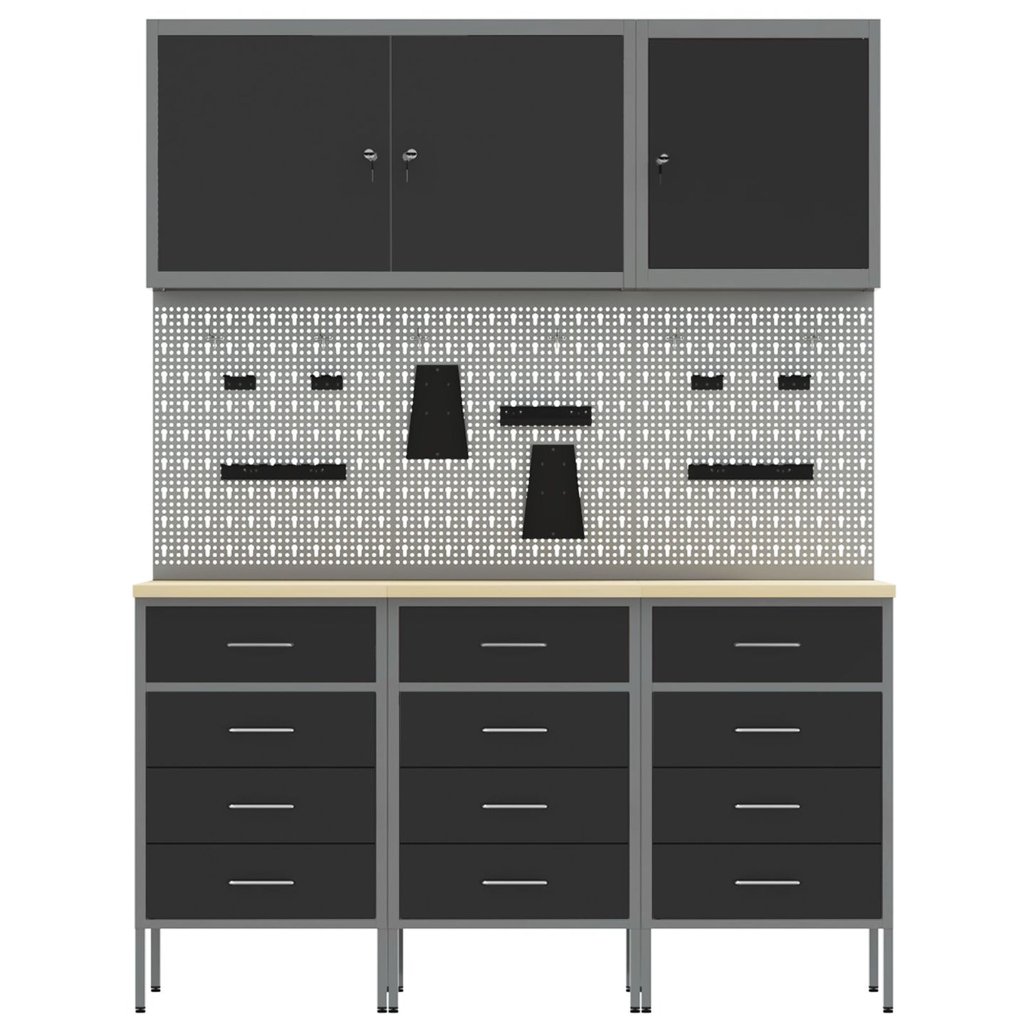 8-Delige Werktafel Set Staal 3x (85 cm) Zwart 3x kast + 3x pegboard + 2x gereedschap kast
