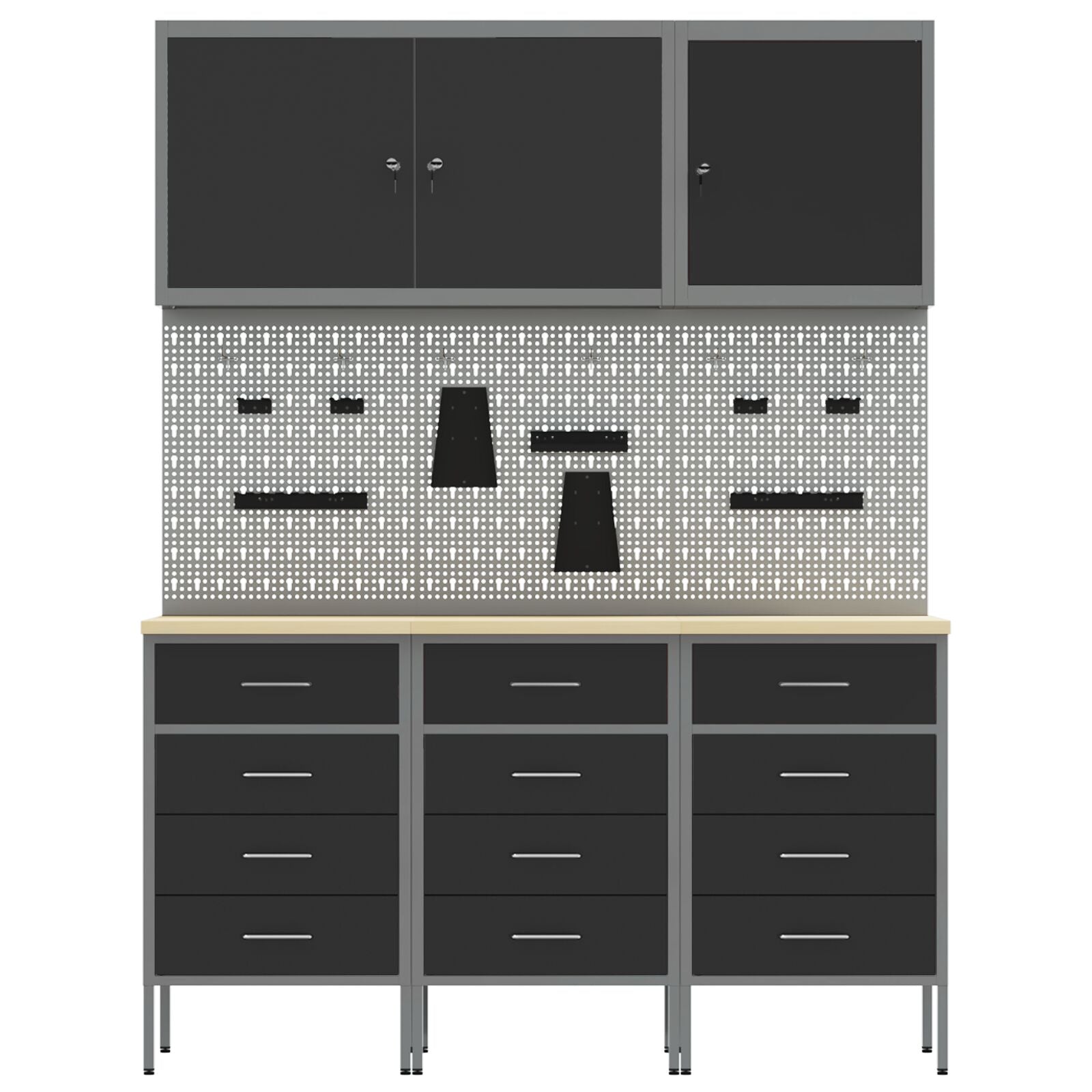 8-Delige Werktafel Set Staal 3x (85 cm) Zwart 3x kast + 3x pegboard + 2x gereedschap kast