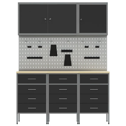 8-Delige Werktafel Set Staal 3x (85 cm) Zwart 3x kast + 3x pegboard + 2x gereedschap kast