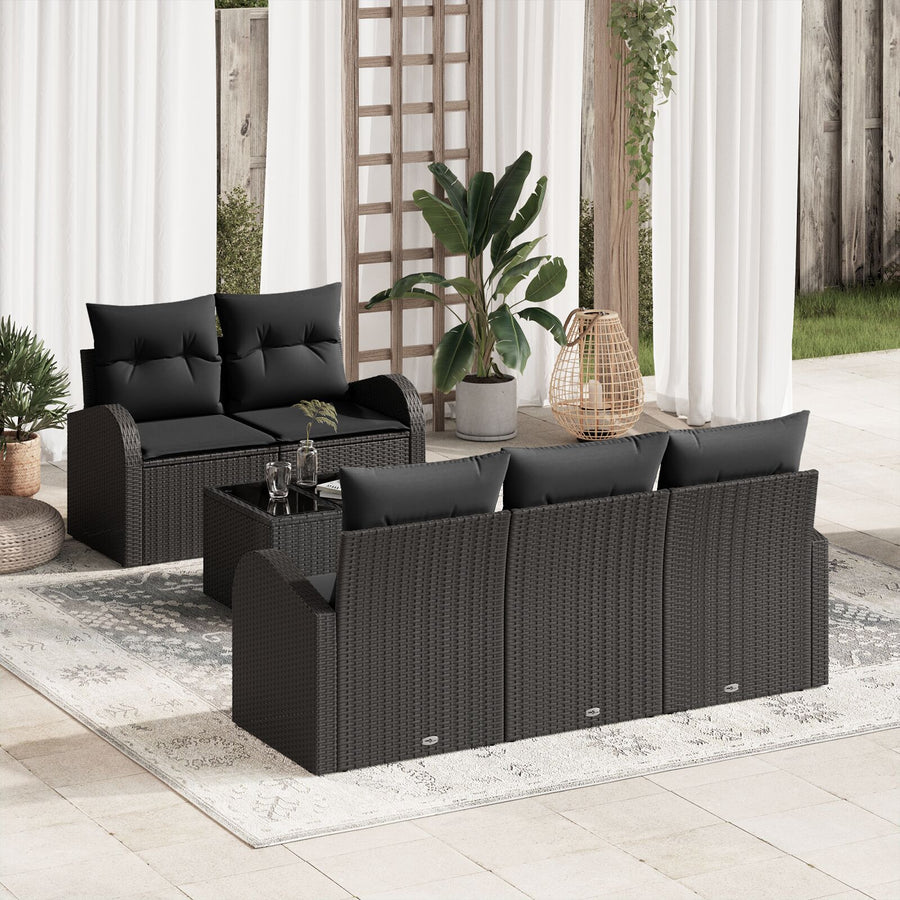 6-Delige Tuinbankset Met Kussens Zwart Poly Rattan