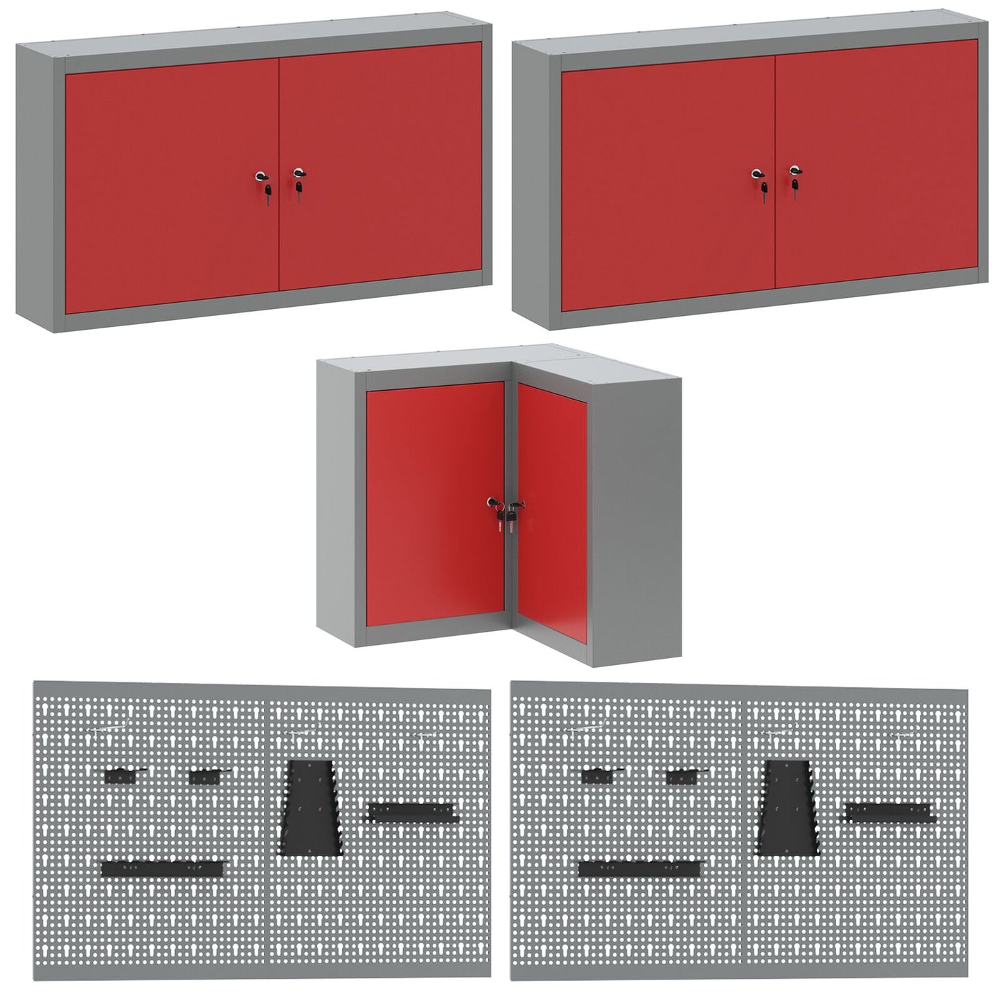 10-Delige Gereedschapsopslag Tafelset Van Geengineerd Hout En Metaal 100 cm kast met pegboard Rood 3x tafel + 4x kast + 4x pegboard