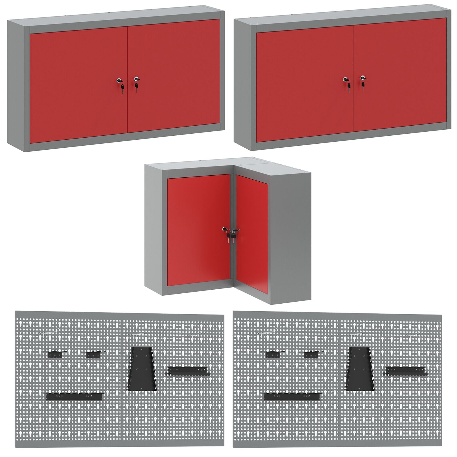 10-Delige Gereedschapsopslag Tafelset Van Geengineerd Hout En Metaal 100 cm kast met pegboard Rood 3x tafel + 4x kast + 4x pegboard