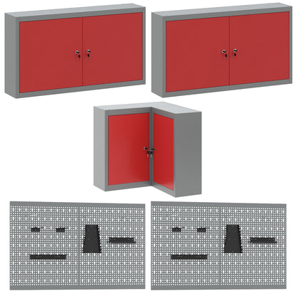 10-Delige Gereedschapsopslag Tafelset Van Geengineerd Hout En Metaal 100 cm kast met pegboard Rood 3x tafel + 4x kast + 4x pegboard