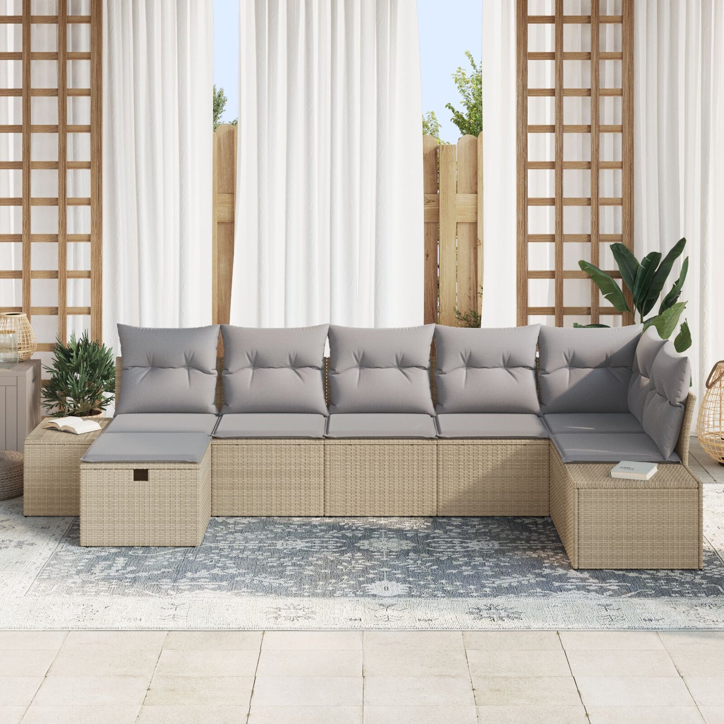 7-Delige Tuin Sofa Set Met Kussens Beige Poly Rattan