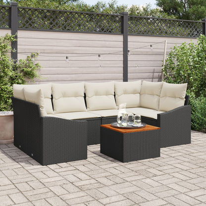 7-Delige Tuin Sofa Set Met Kussens Zwart Poly Rattan Acacia