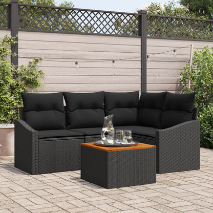 5-Delige Tuinbank Set Met Kussens Zwart Poly Rattan Acacia