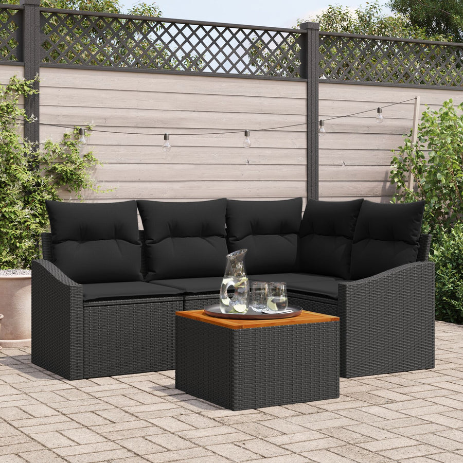 5-Delige Tuinbank Set Met Kussens Zwart Poly Rattan Acacia