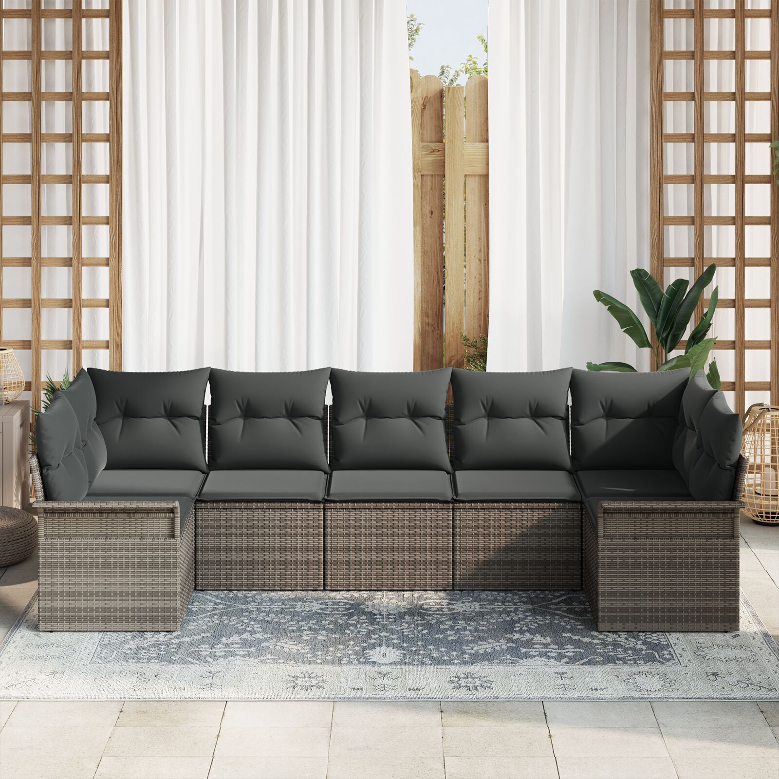 7-Delige Tuinbankset Met Kussens Grijs Poly Rattan