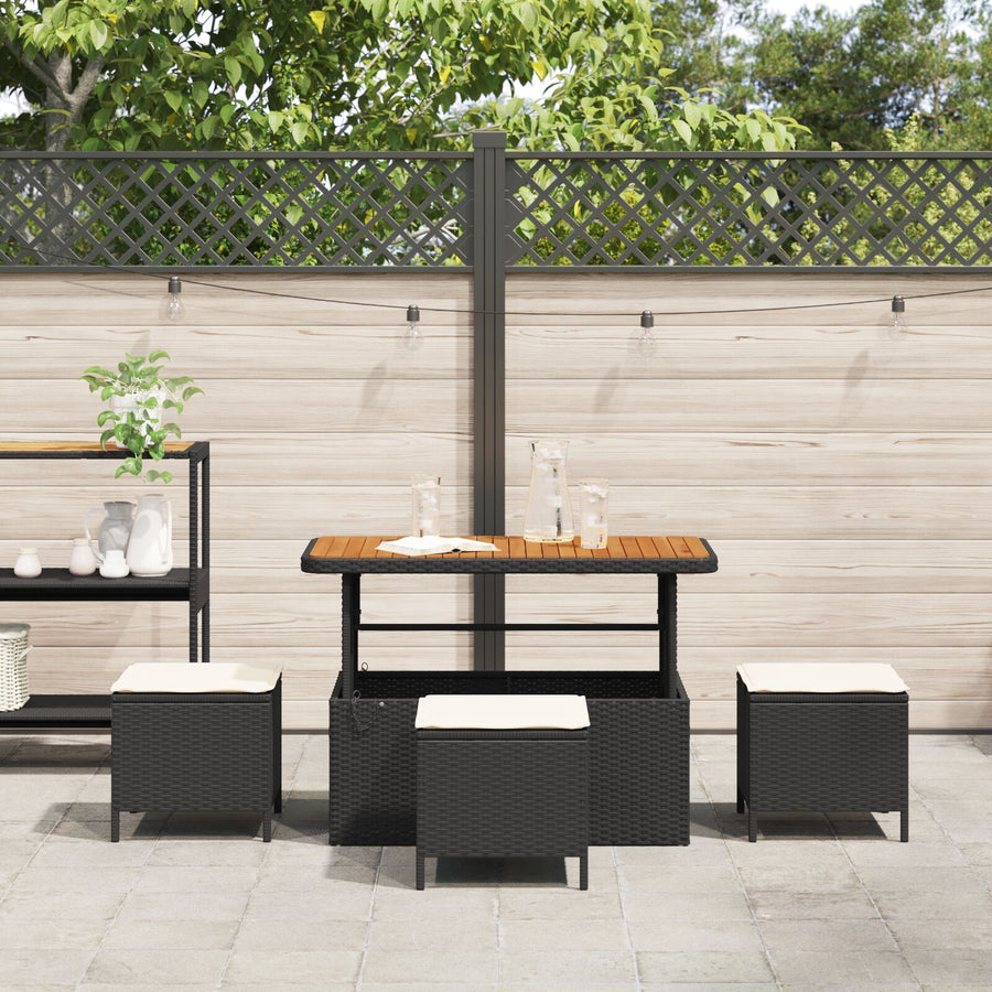4-Delige Tuin Eettafelset Met Kussens Poly Rattan Acacia 110 cm Zwart en crème 3 krukken