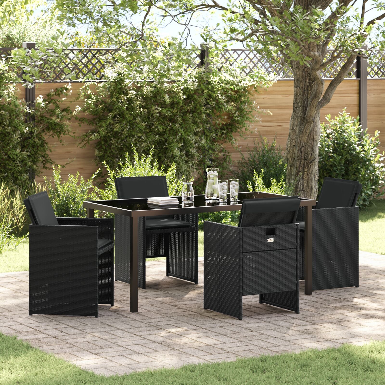 5-Delige Tuin Eettafel Set Met Kussens Zwart Poly Rattan