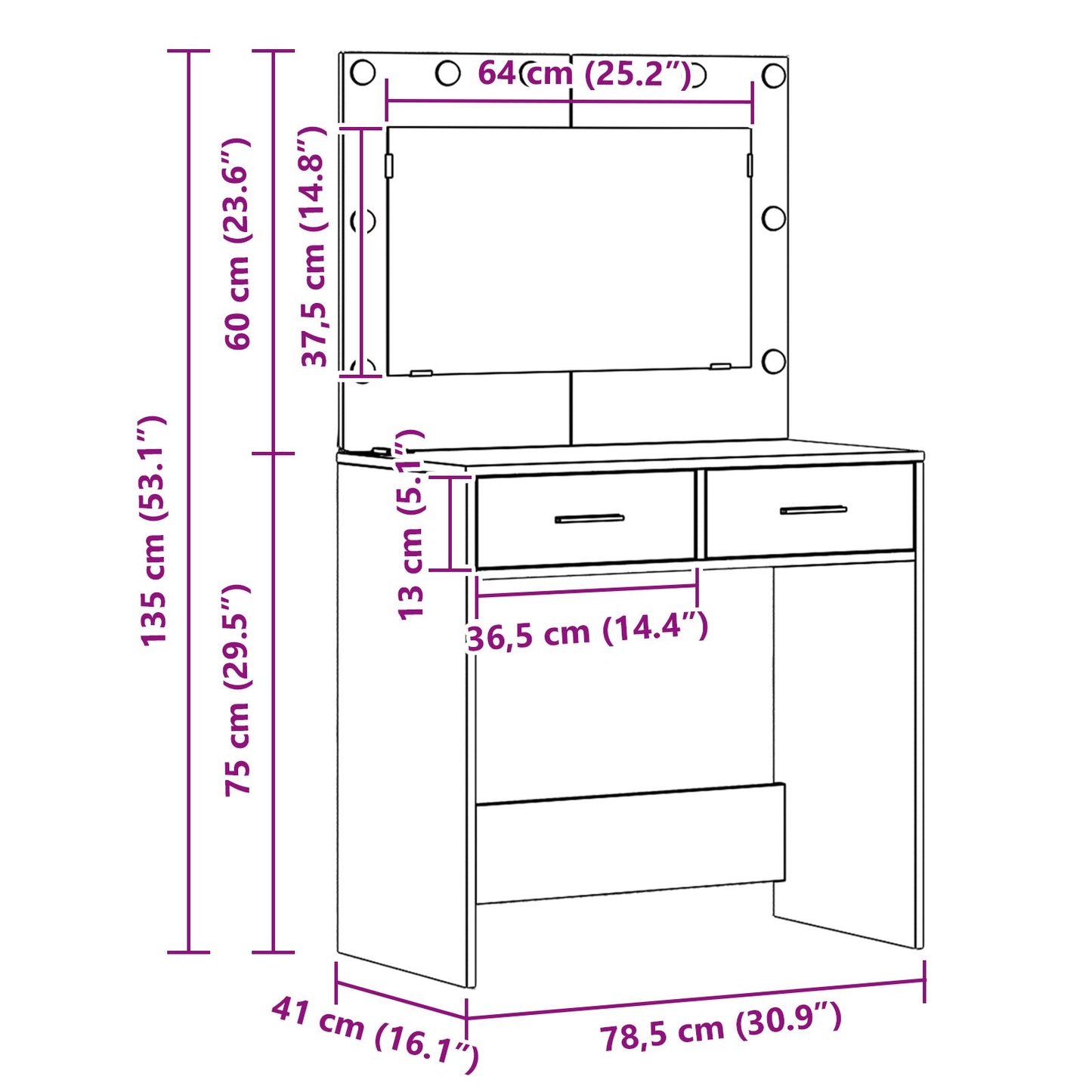 Dressing Tafel Met Led Verlichting 78,5X41X135 Cm Grijze sonoma 78.5 x 41 x 135 cm