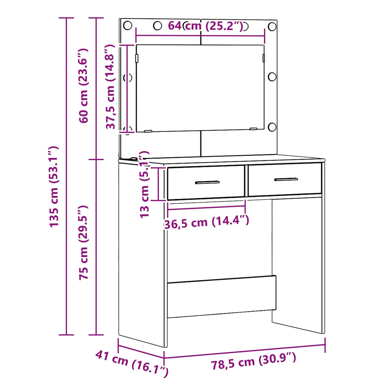 Dressing Tafel Met Led Verlichting 78,5X41X135 Cm Grijze sonoma 78.5 x 41 x 135 cm
