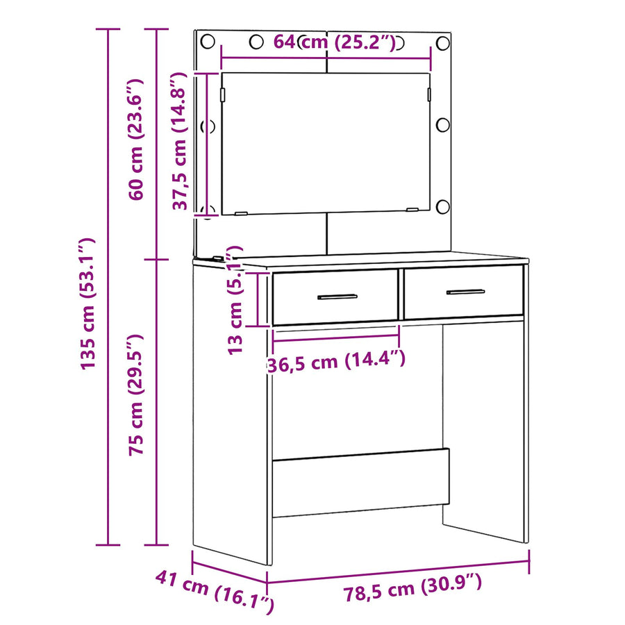 Dressing Tafel Met Led Verlichting 78,5X41X135 Cm Grijze sonoma 78.5 x 41 x 135 cm