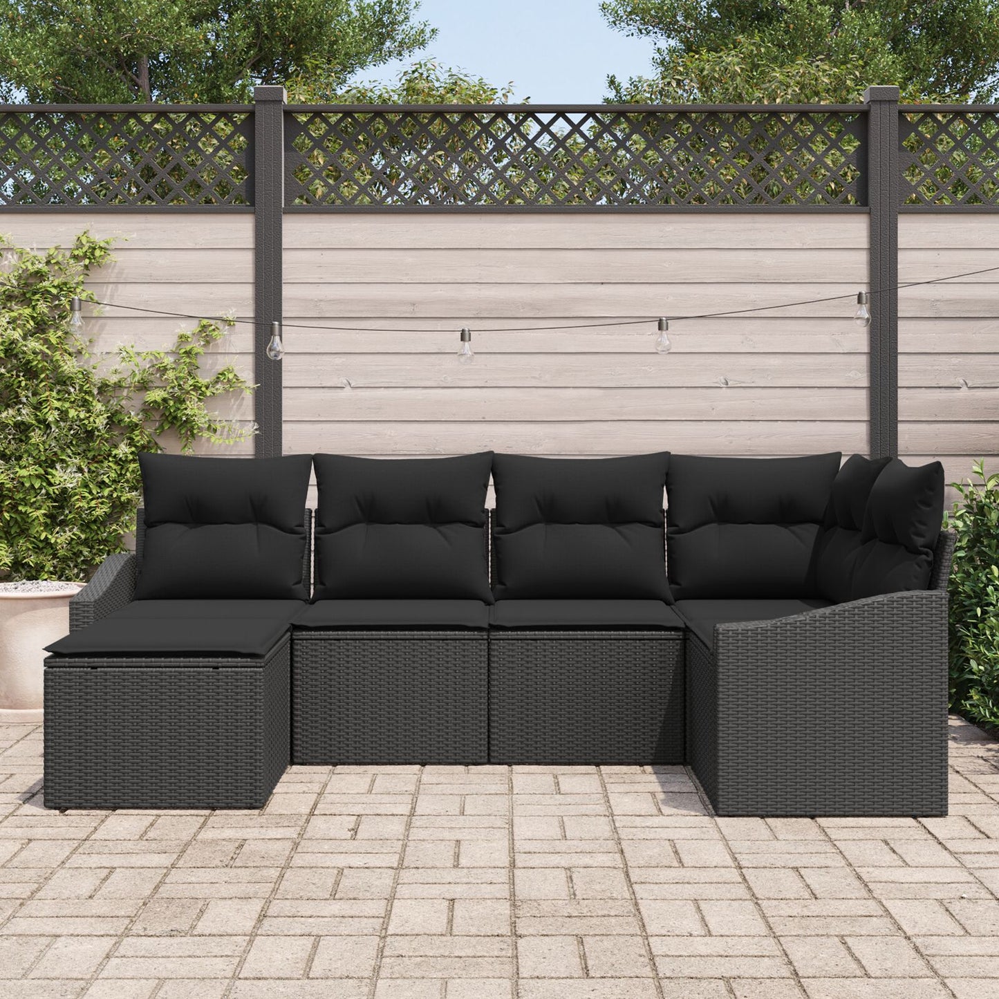 6-Delige Tuin Eetset Met Kussens Zwart Poly Rattan