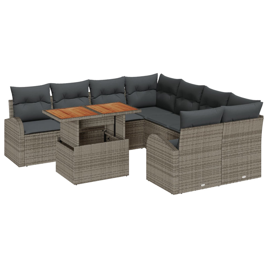 9-Delige Tuin Eettafelset Met Kussens Grijs Poly Rattan Acacia