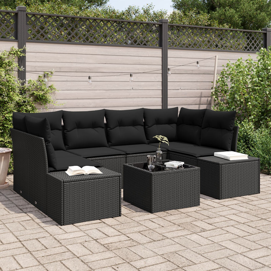 7-Delige Tuin Sofa Set Met Kussens Zwart Poly Rattan