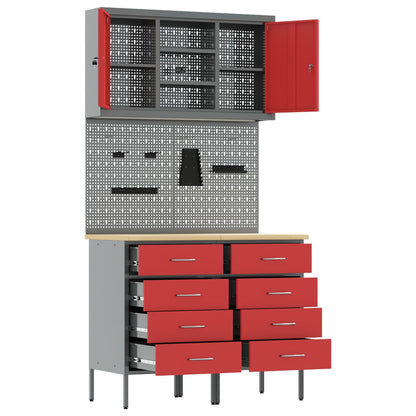 5-Delige Werkbankset Staal 2x (85 cm) Rood 2x kast + 2x pegboard + kast met deur