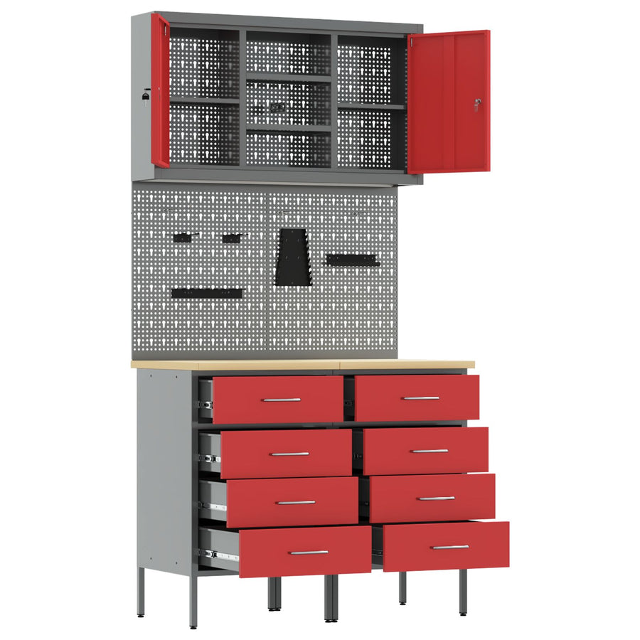 5-Delige Werkbankset Staal 2x (85 cm) Rood 2x kast + 2x pegboard + kast met deur