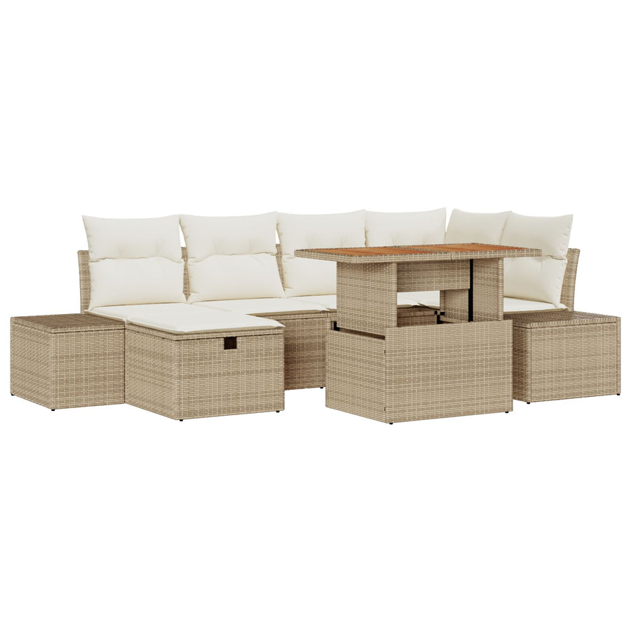 7-Delige Tuindining Set Met Kussens Beige Poly Riet Acacia Wit