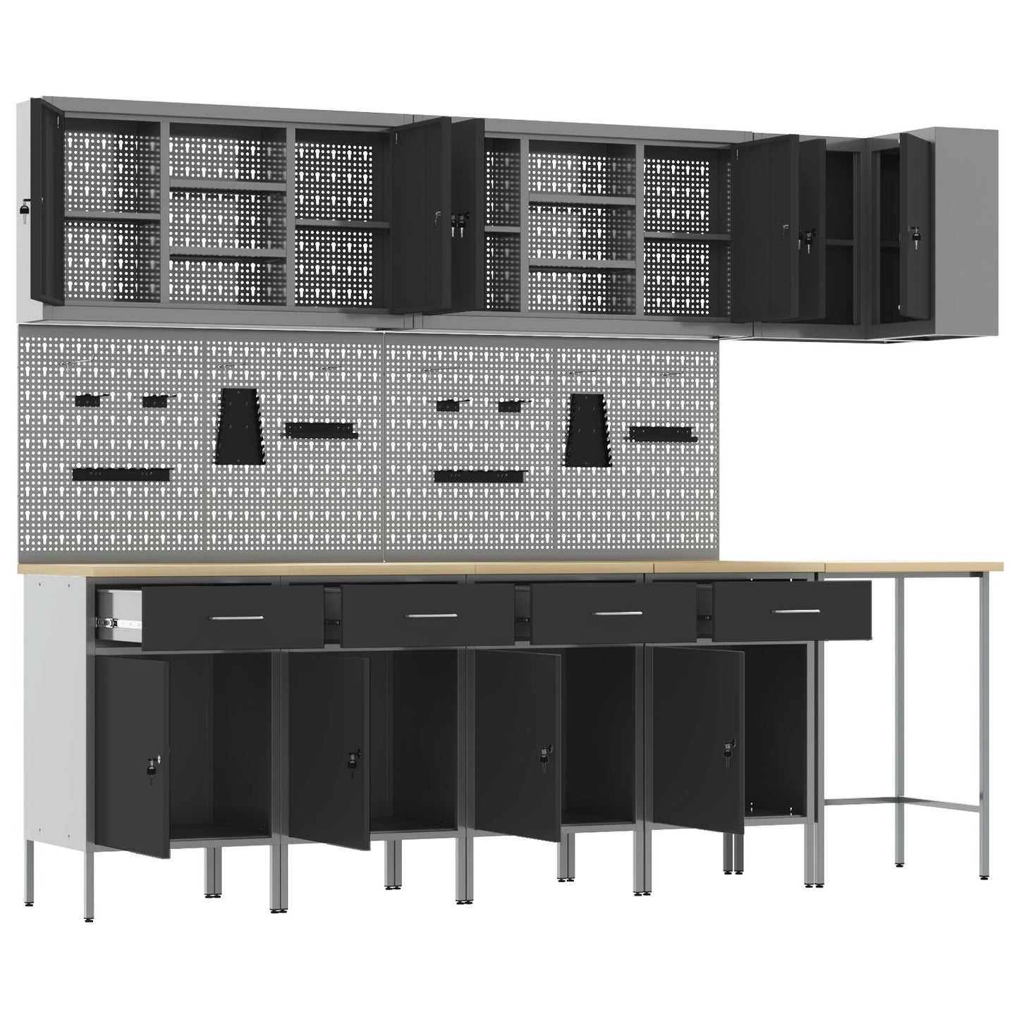 12-Delige Werkplaatskast En Pegboard Set Mdf En Metaal 4x (84 cm) Zwart Tafel + 7x kast + 6x pegboard
