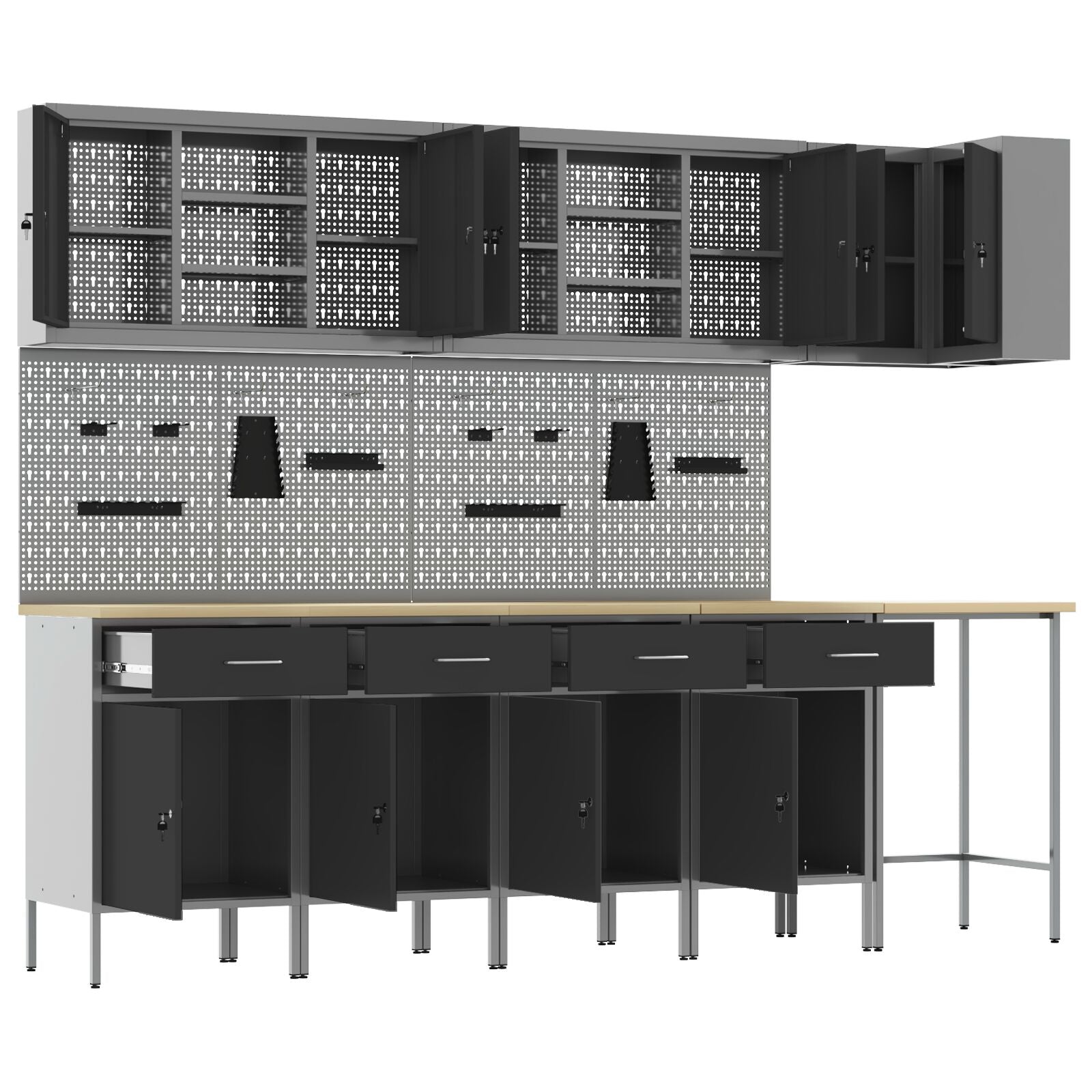 12-Delige Werkplaatskast En Pegboard Set Mdf En Metaal 4x (84 cm) Zwart Tafel + 7x kast + 6x pegboard