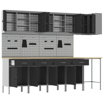 12-Delige Werkplaatskast En Pegboard Set Mdf En Metaal 4x (84 cm) Zwart Tafel + 7x kast + 6x pegboard