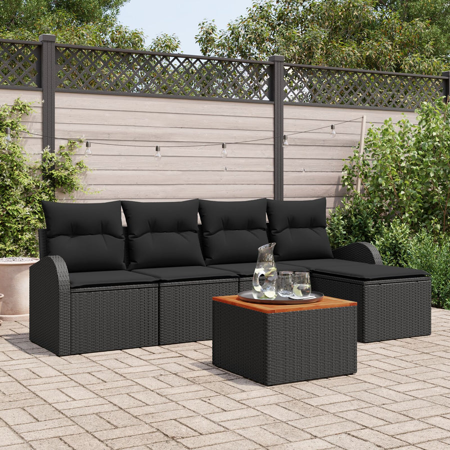6-Delig Tuinbankstel Met Kussens Zwart Poly Rattan Acaciahout