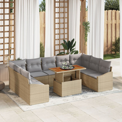 10-Delige Tuin Eetset Met Kussens Beige Poly Rattan Acacia