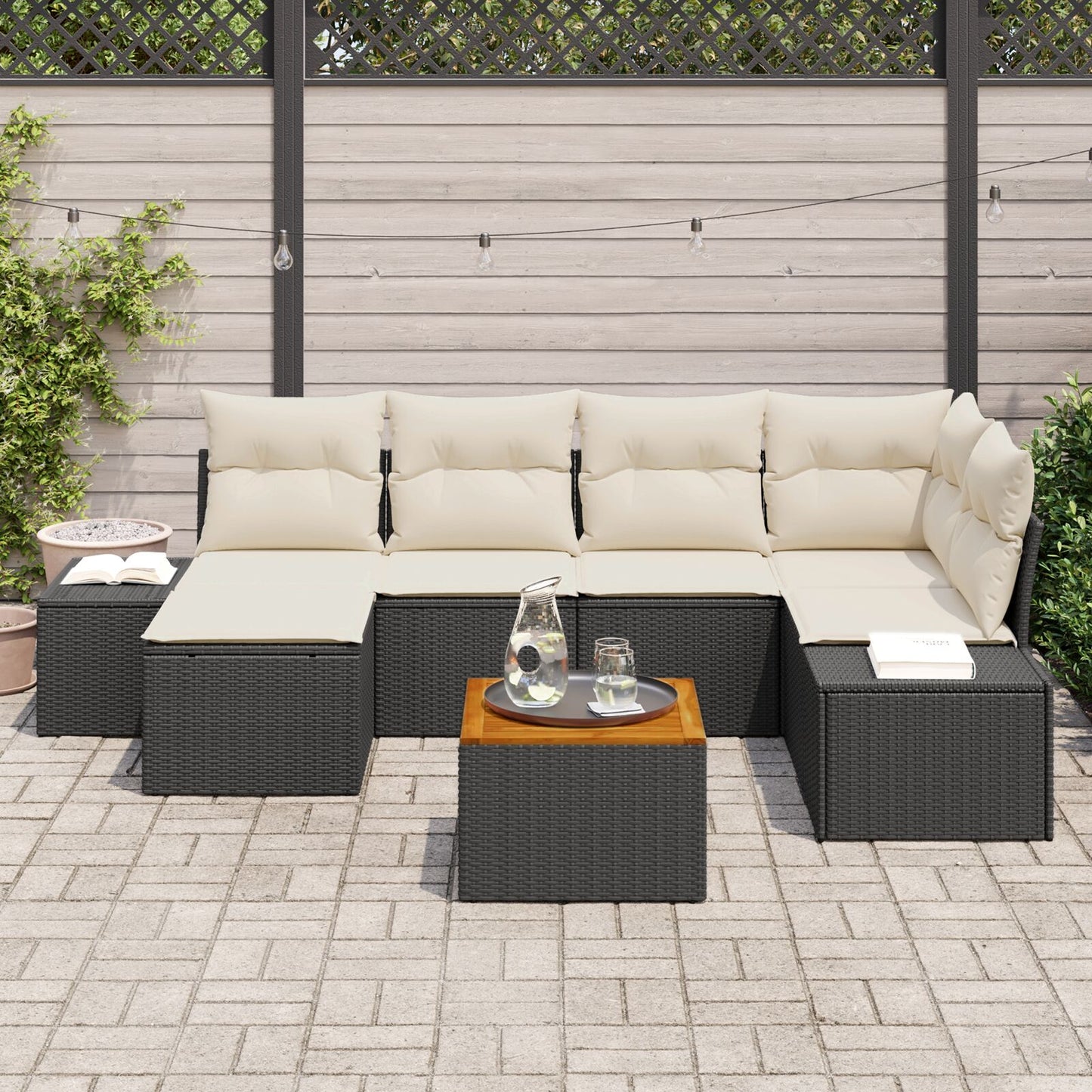 7-Delige Tuin Sofa Set Met Kussens Zwart Poly Rattan Acacia