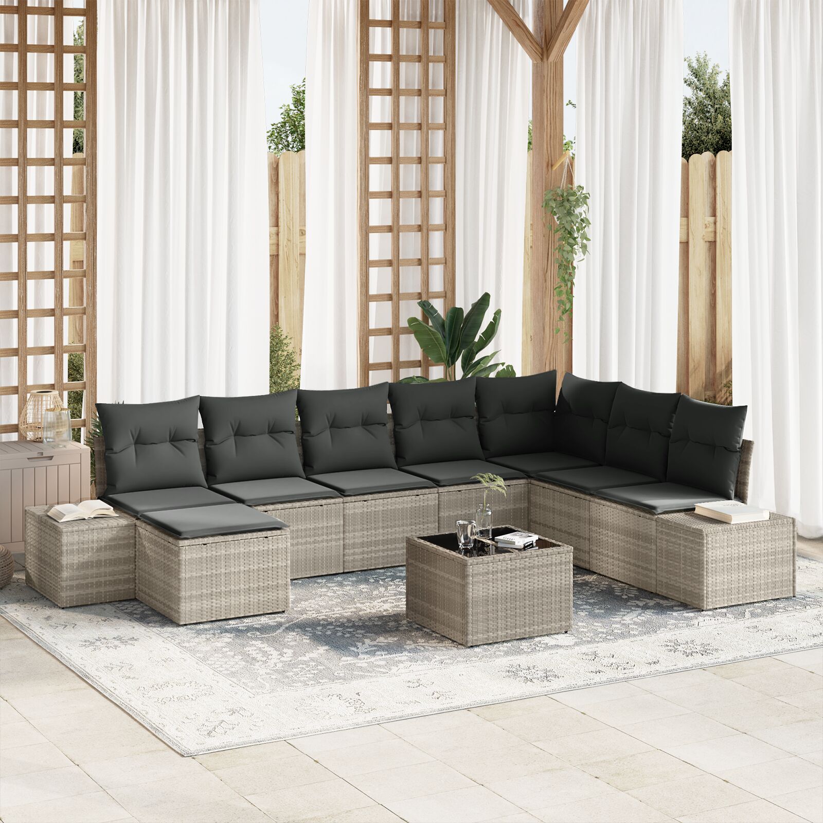9-Delige Tuinbank Set Met Kussens Grijs Poly Rattan