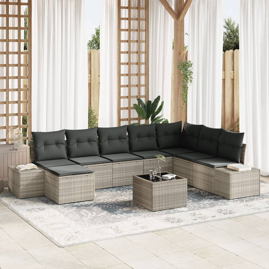 9-Delige Tuinbank Set Met Kussens Grijs Poly Rattan