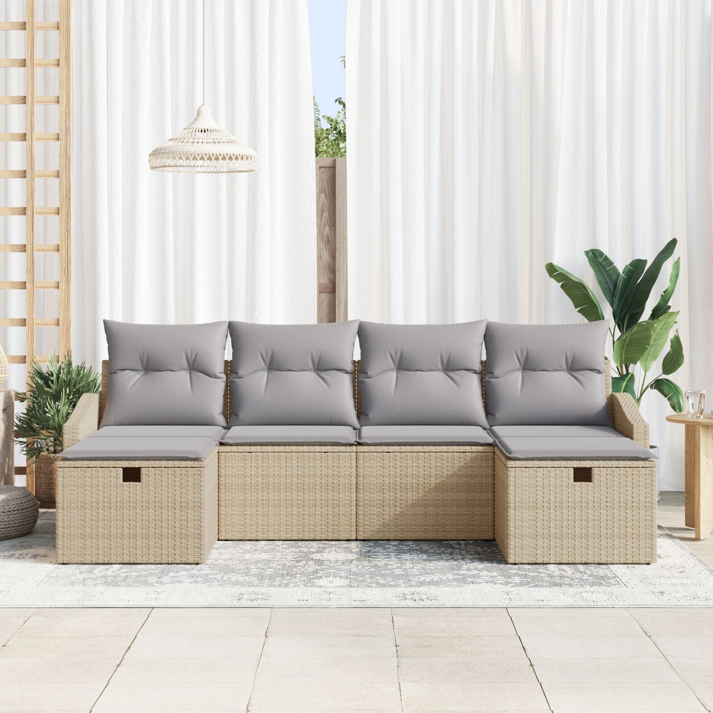 6-Delig Tuinbankstel Met Kussens Beige Poly Riet Wit