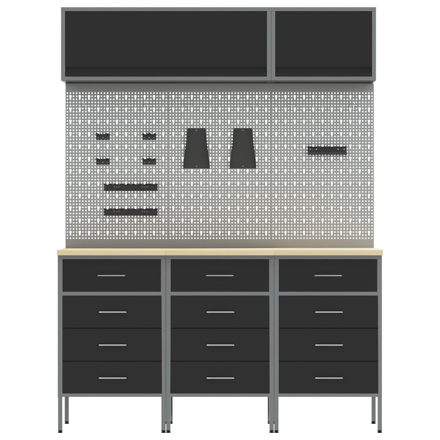 8-Delige Werkbank Set Staal 3x (85 cm) Zwart 3x kast + 3x pegboard + 2x kast met deur