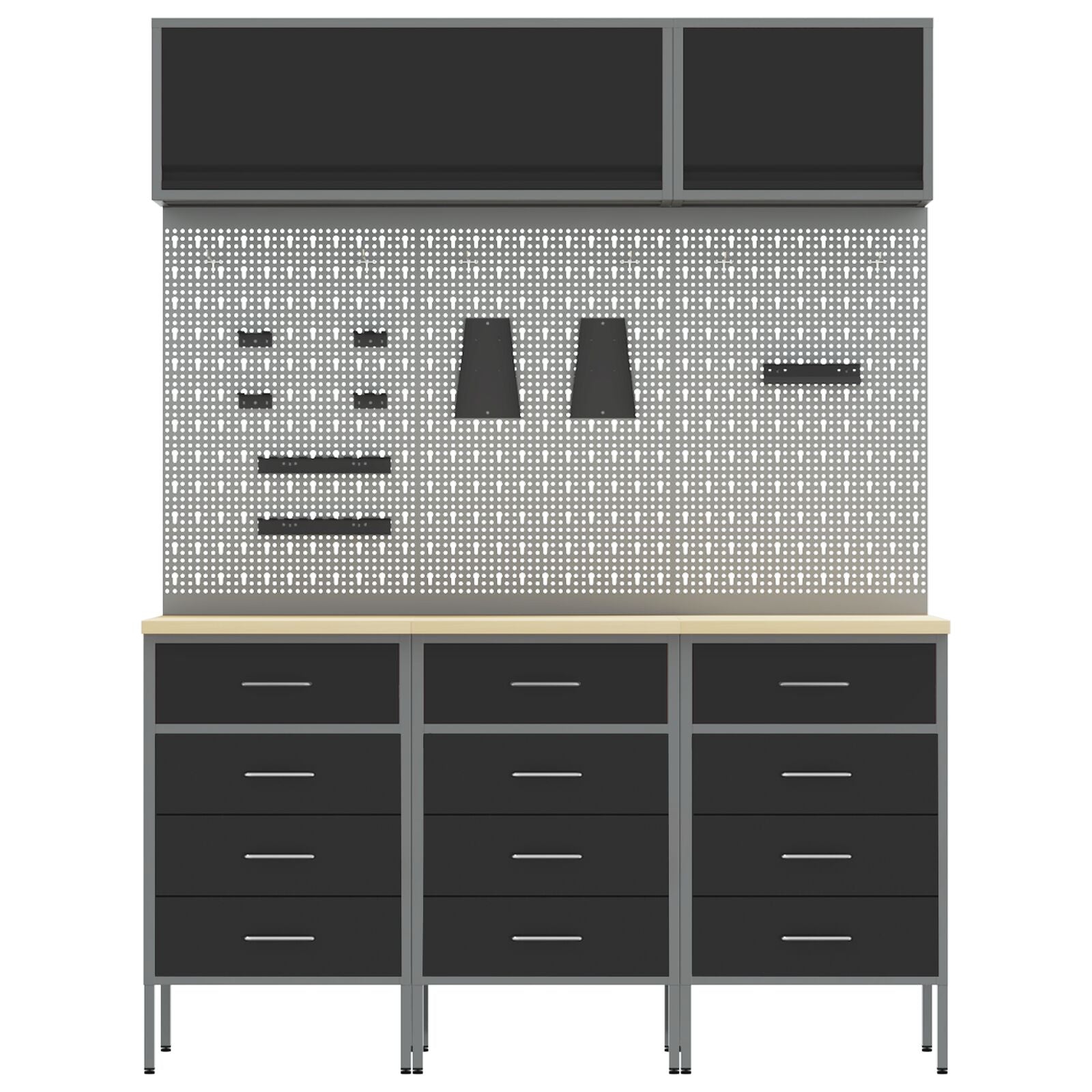 8-Delige Werkbank Set Staal 3x (85 cm) Zwart 3x kast + 3x pegboard + 2x kast met deur