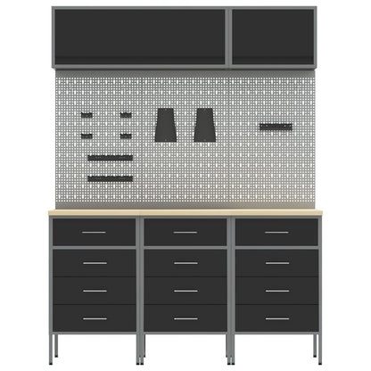 8-Delige Werkbank Set Staal 3x (85 cm) Zwart 3x kast + 3x pegboard + 2x kast met deur