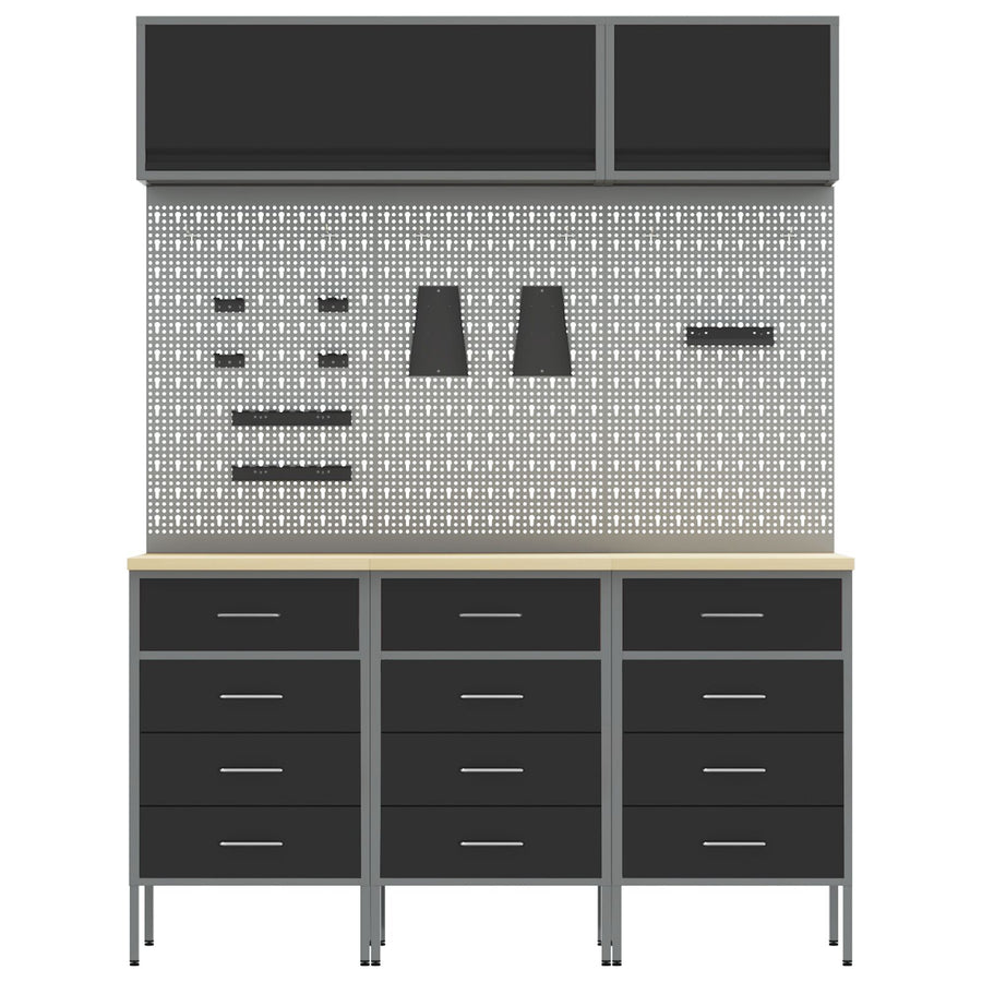 8-Delige Werkbank Set Staal 3x (85 cm) Zwart 3x kast + 3x pegboard + 2x kast met deur