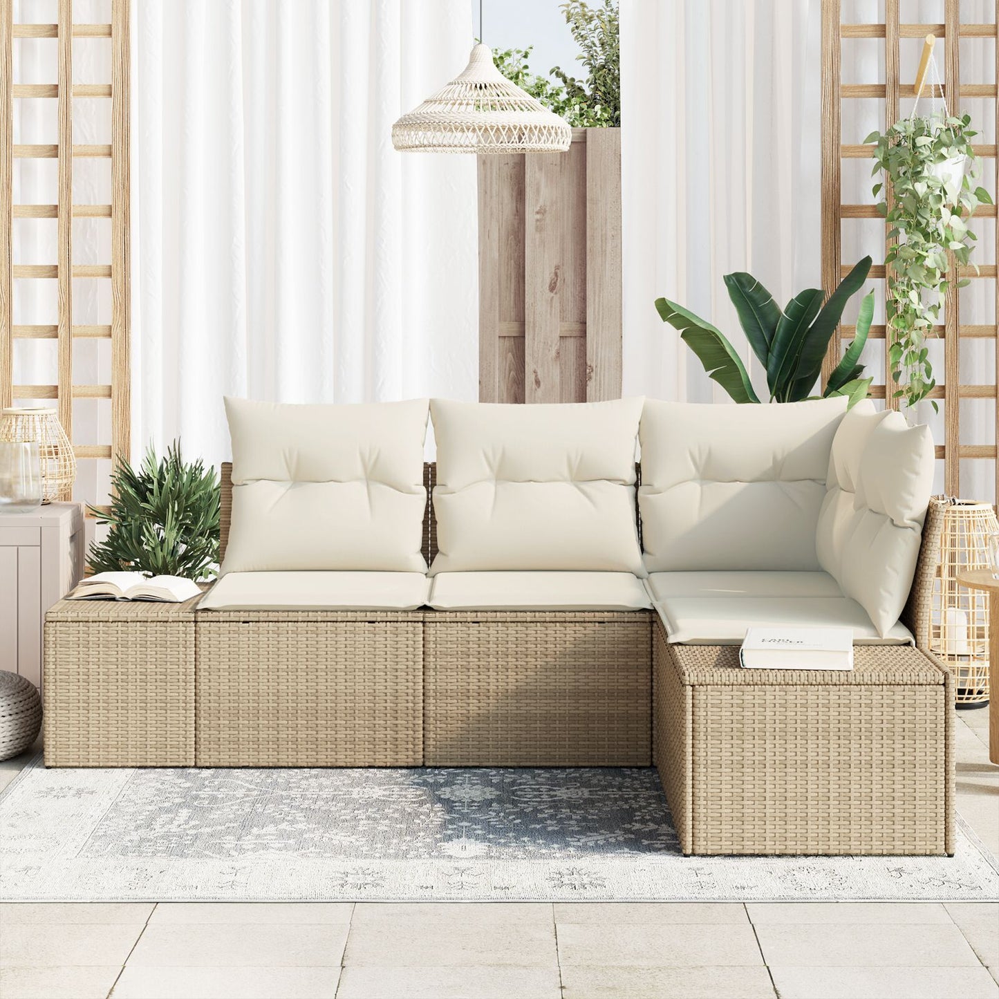 4-Delige Tuinsofa Set Met Kussens Poly Rattan Beige en wit zonder tafel
