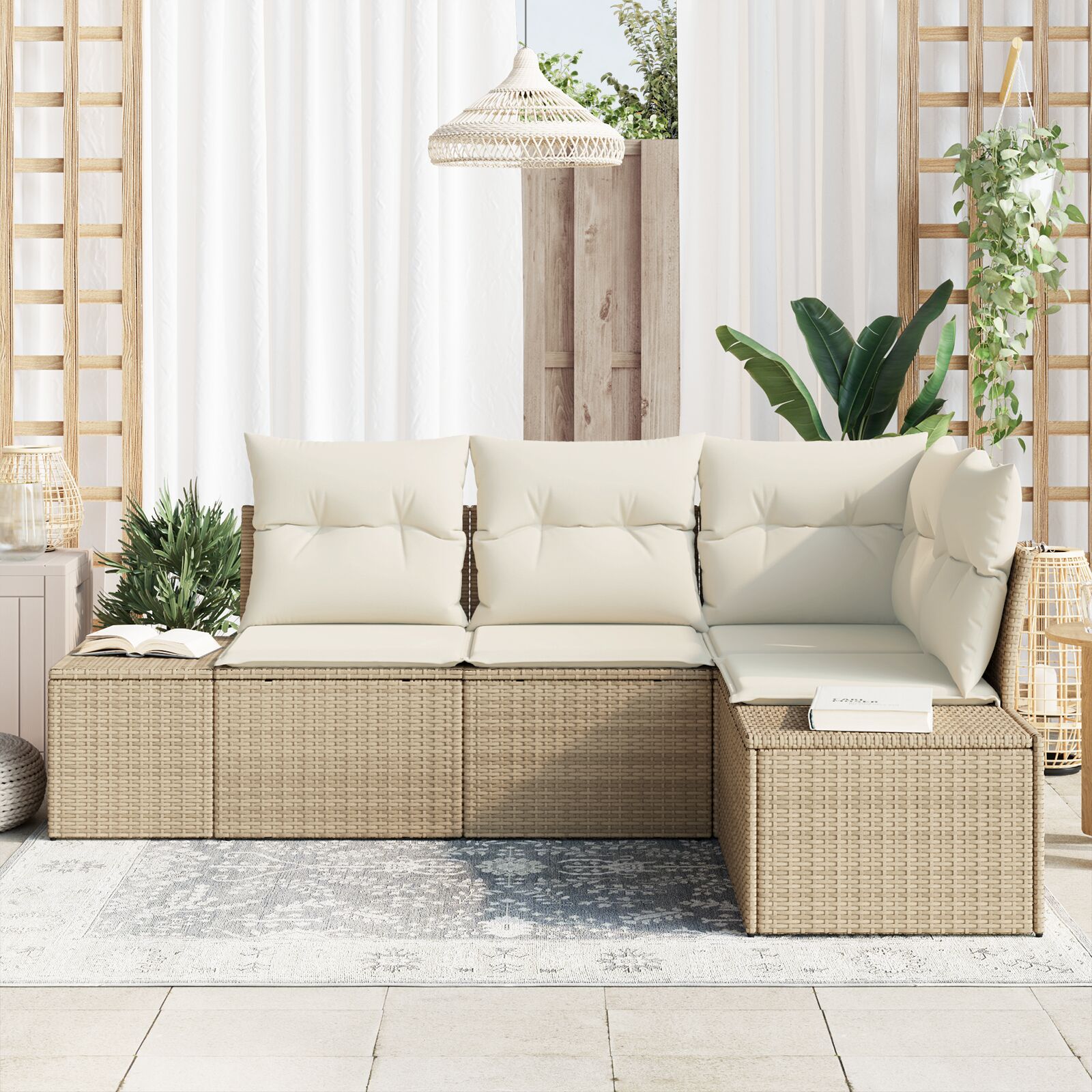 4-Delige Tuinsofa Set Met Kussens Poly Rattan Beige en wit zonder tafel