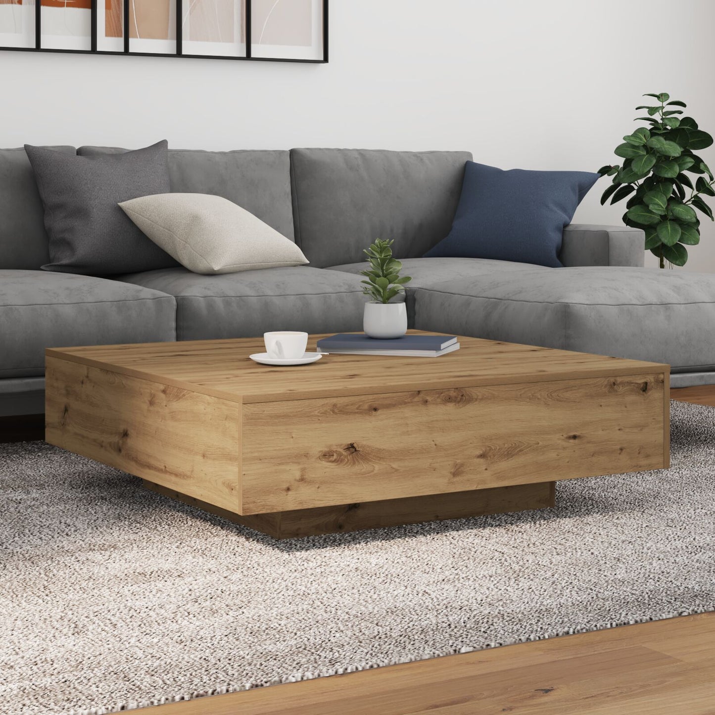 Salontafel Ambachtelijk Eiken Bewerkt Hout 100 X 100 X 31 Cm