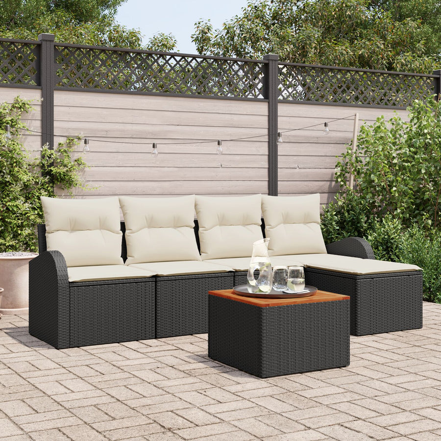 6 Delige Tuin Sofa Set Met Kussens Zwart Poly Rattan Acacia