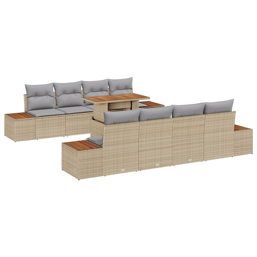 Tuinbank Set 9-Delige Set Beige Pe Rattan Eetset Rechthoekig