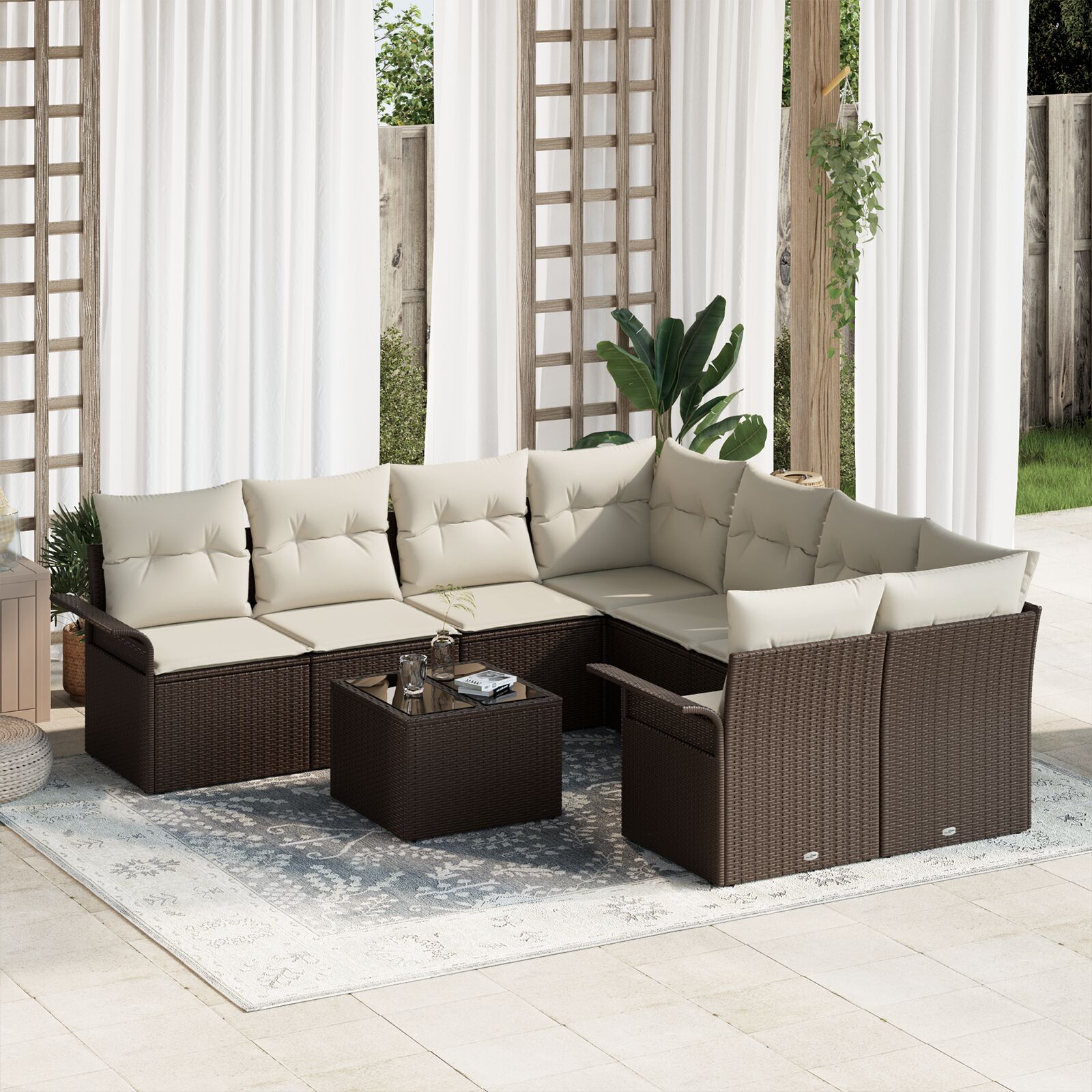 9-Delige Tuinsofa Set Met Kussens Bruin Poly Rattan
