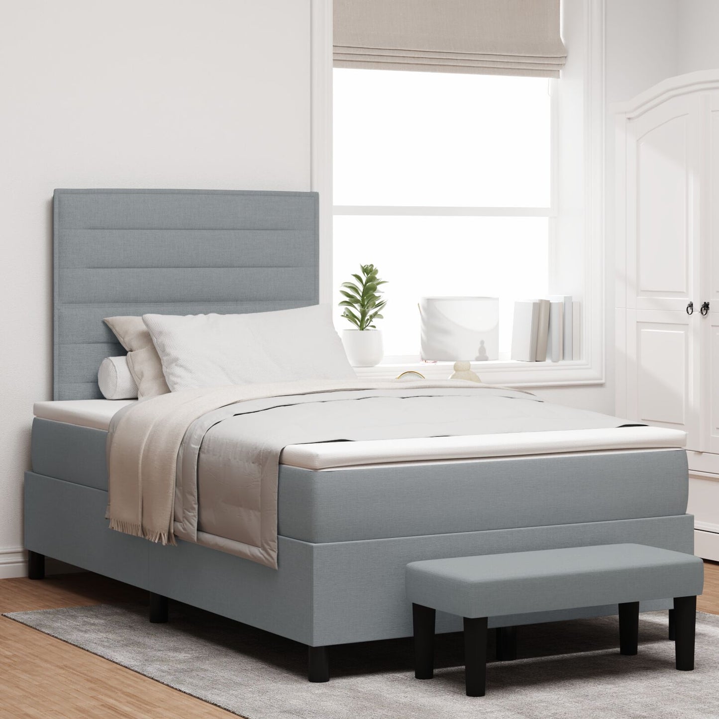 Boxspring Bed Met Matras & Bank Lichtgrijs 120X190 Cm Stof Blauw