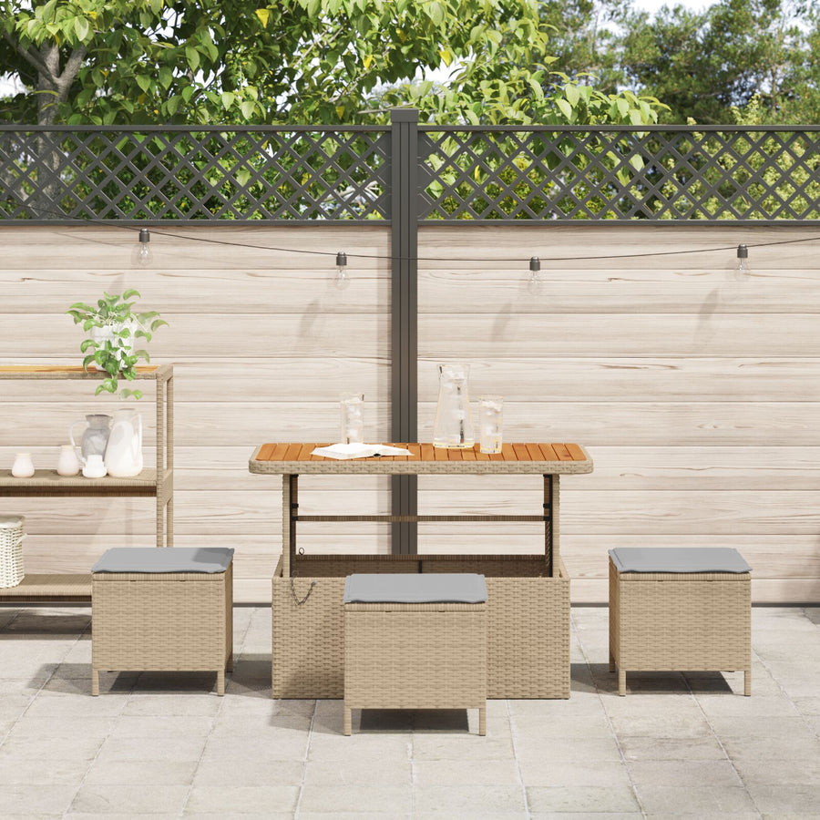 4 Delige Tuin Eettafelset Met Kussens Poly Rattan Acacia 110 cm Beige en grijs 3 krukken