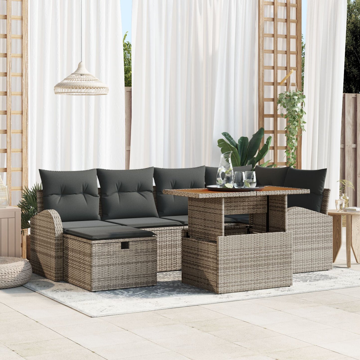 Tuinbank Set Set Van 7 Grijs Riet, Polyester Tuinbank Set