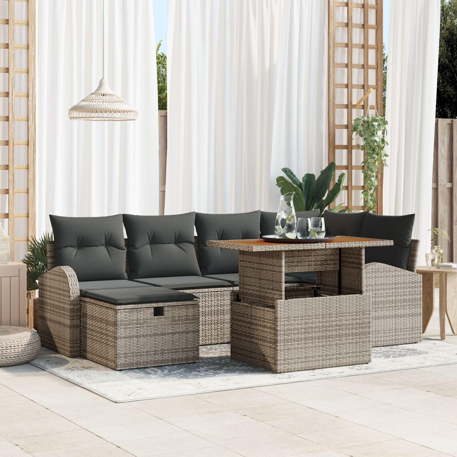 Tuinbank Set Set Van 7 Grijs Riet, Polyester Tuinbank Set