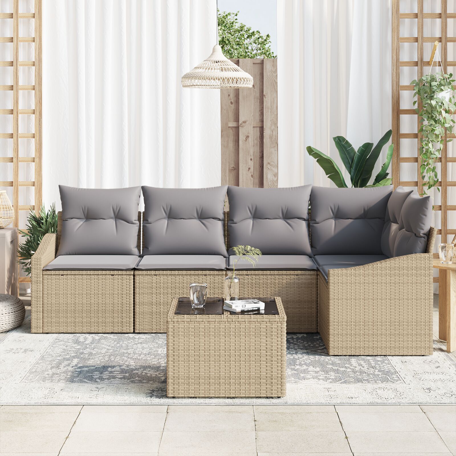 6-Delige Tuinbank Set Met Kussens Zwart Poly Rattan Beige en grijs met tafel