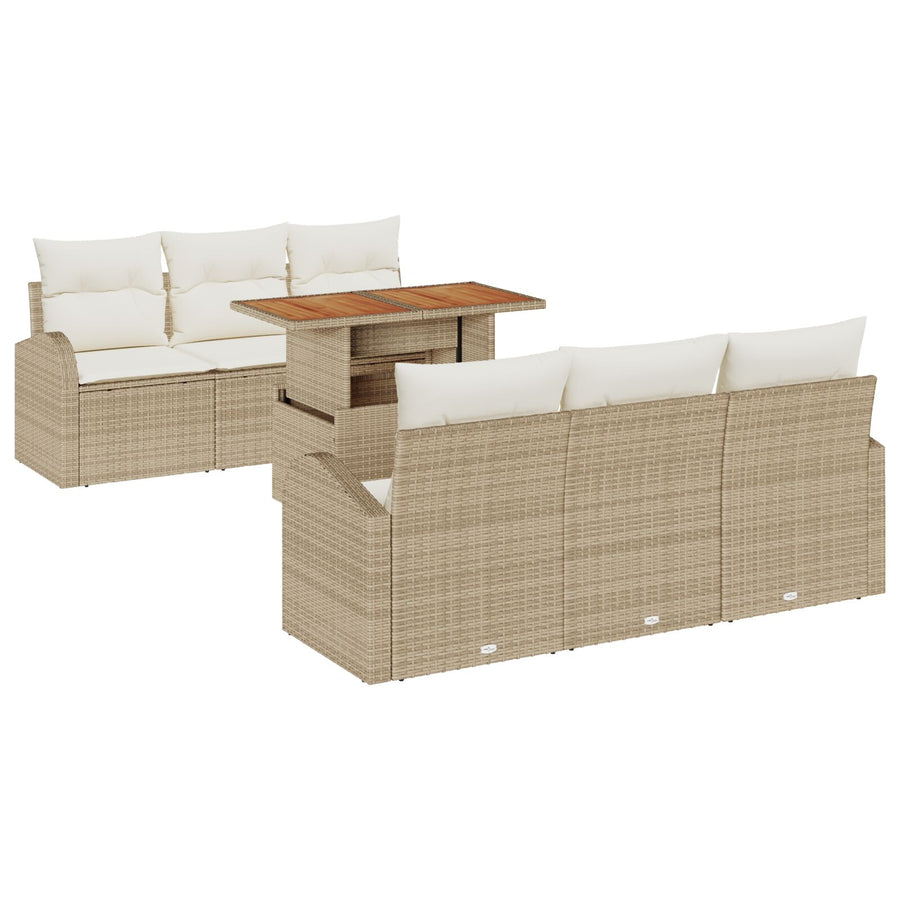 7 Delen Tuin Eetset Met Kussens Beige Poly Rattan Acacia
